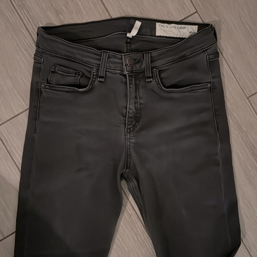 Rag and Bone washed black “high rise bell” bottom jeans 28 with stretch 32”